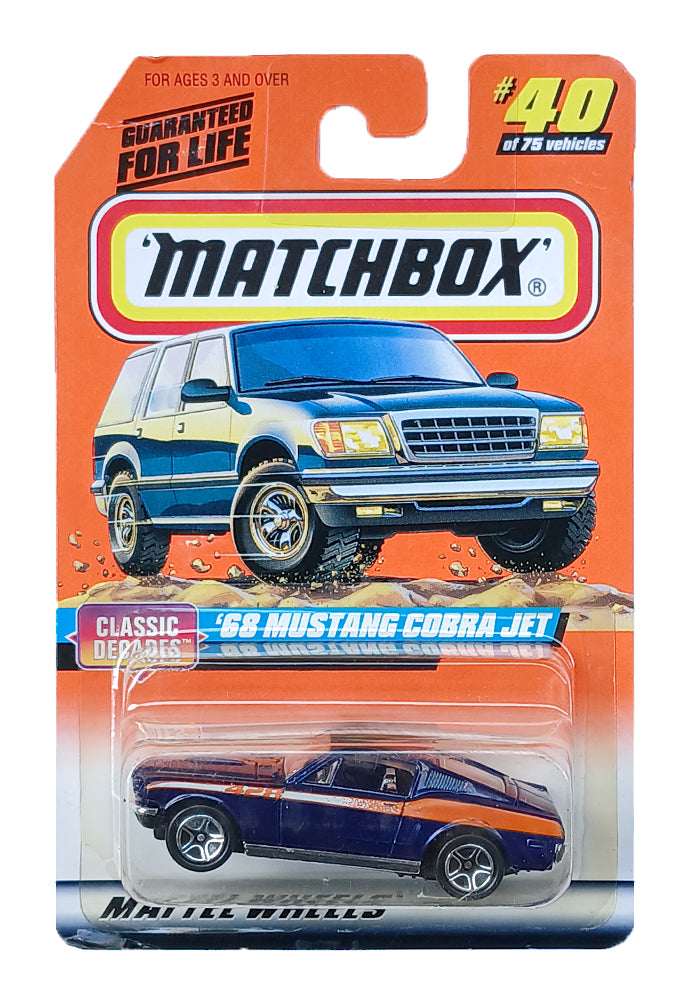EXCLUSIVES Matchbox '68 Mustang Cobra Jet Blue Orange 1997 Card (Creased Card Car in Excellent Condition) (With Protector Case)