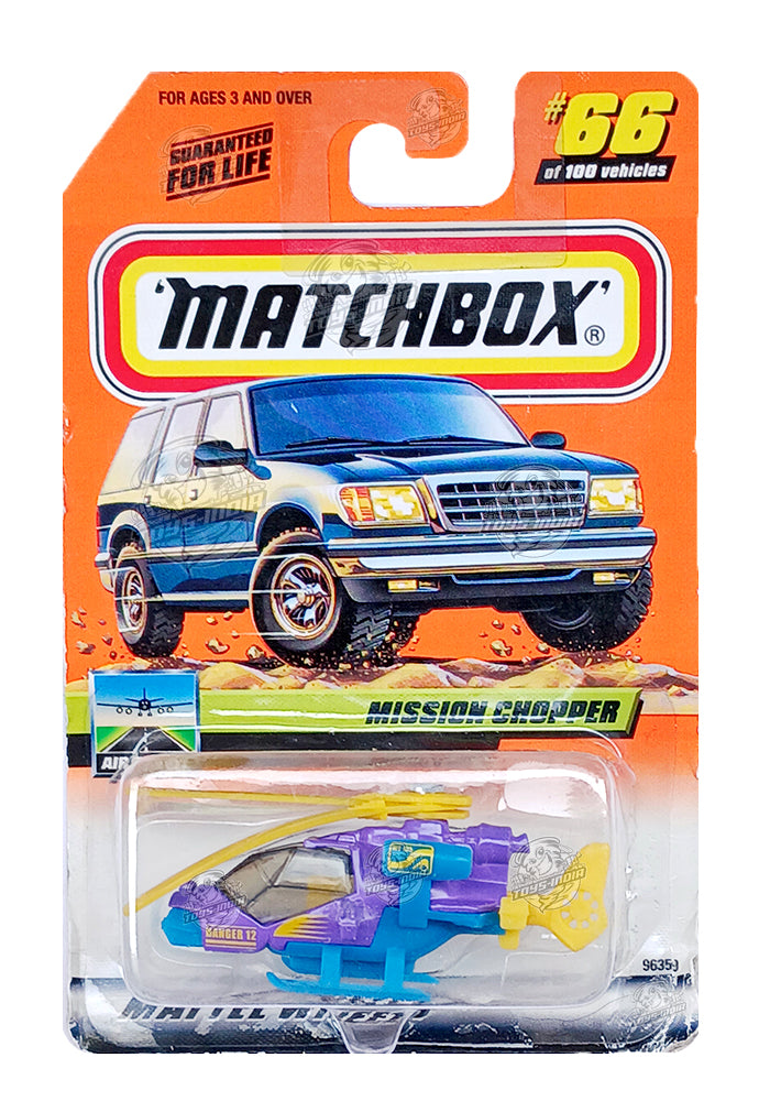 EXCLUSIVES Matchbox Mission Chopper - Purple / Yellow - 1999 Card (Cre ...